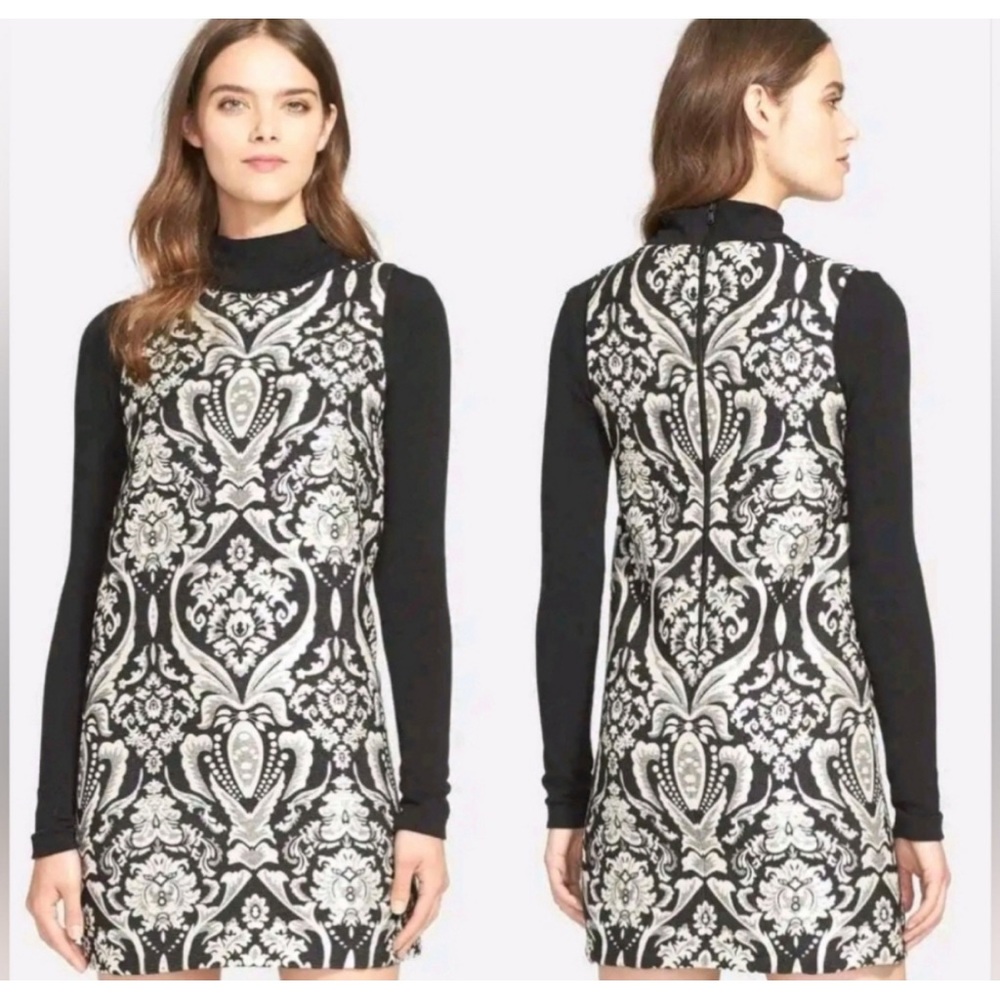 Alice + Olivia Damask Jacquard A-Line Sleeveless Dress Black silver med